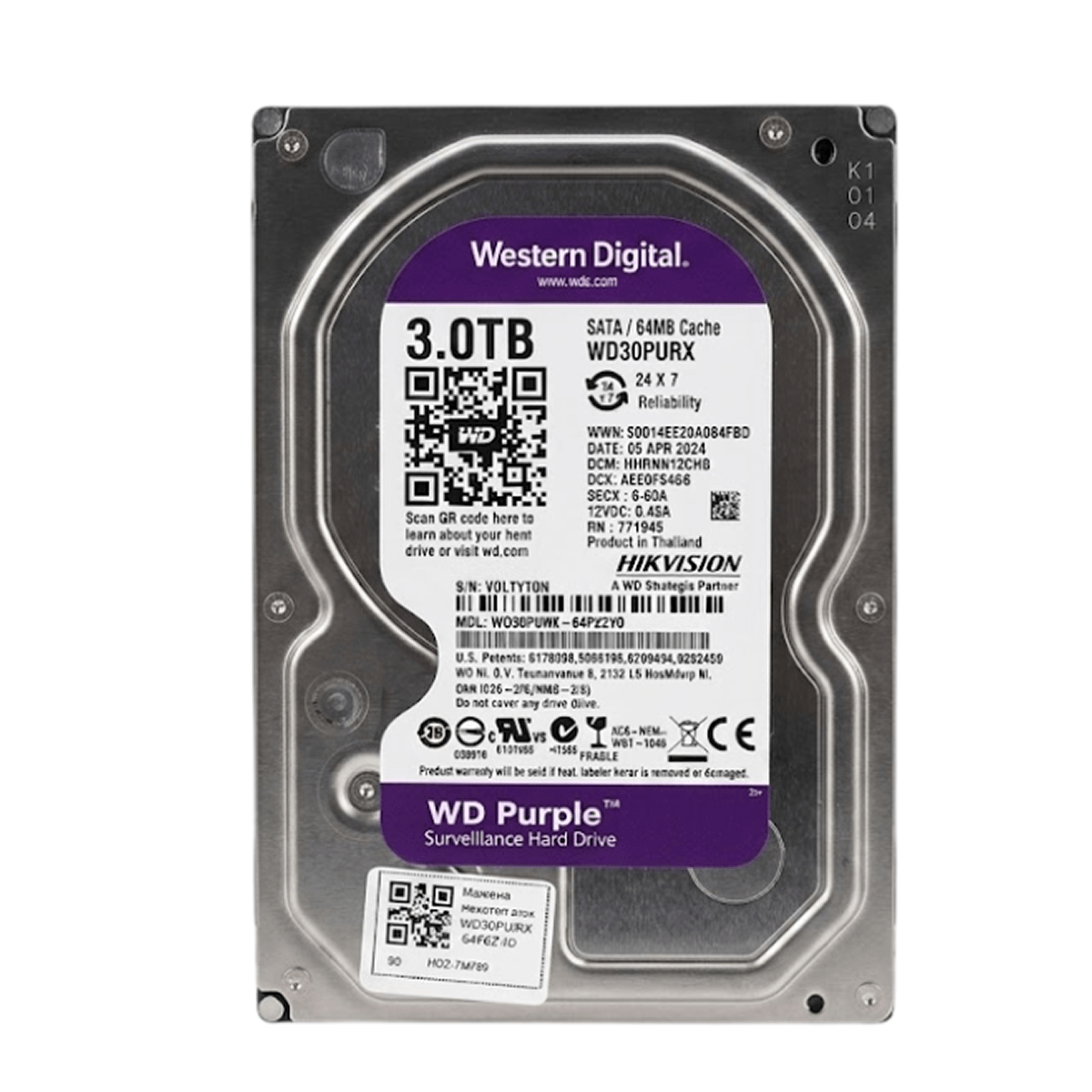 Жесткий диск WD Purple 3ТБ для видеонаблюдения 24/7. Надежность и стабильность записи без потери кадров для DVR/NVR систем.