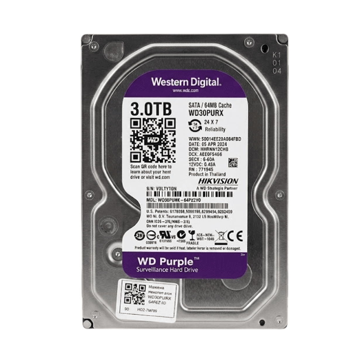 Жесткий диск WD Purple 3ТБ для видеонаблюдения 24/7. Надежность и стабильность записи без потери кадров для DVR/NVR систем.